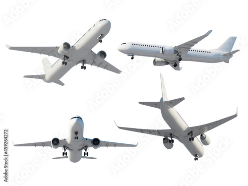 Passenger airplanes in flight isolated on white background. 3d render.