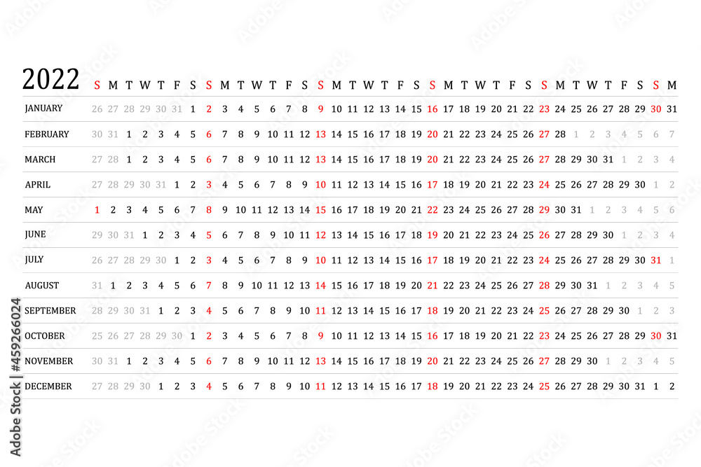 The calendar is linear for 2022. Vector. The planner of the annual calendar. A schedule template with months. The week starts on Sunday. Horizontal, landscape orientation, English. The calendar is linear for 2022. Vector. The planner of the annual calendar. A schedule template with months. The week starts on Sunday. Horizontal, landscape orientation, English.