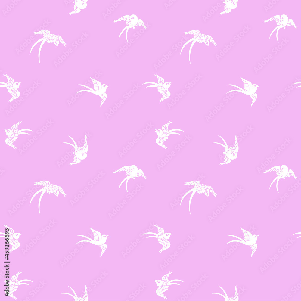 Seamless pattern with white birds on pink background. Swifts. Swatch is included. 