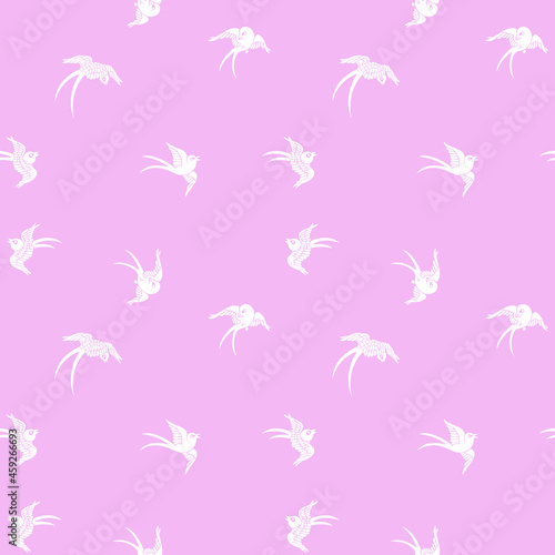 Seamless pattern with white birds on pink background. Swifts. Swatch is included. 