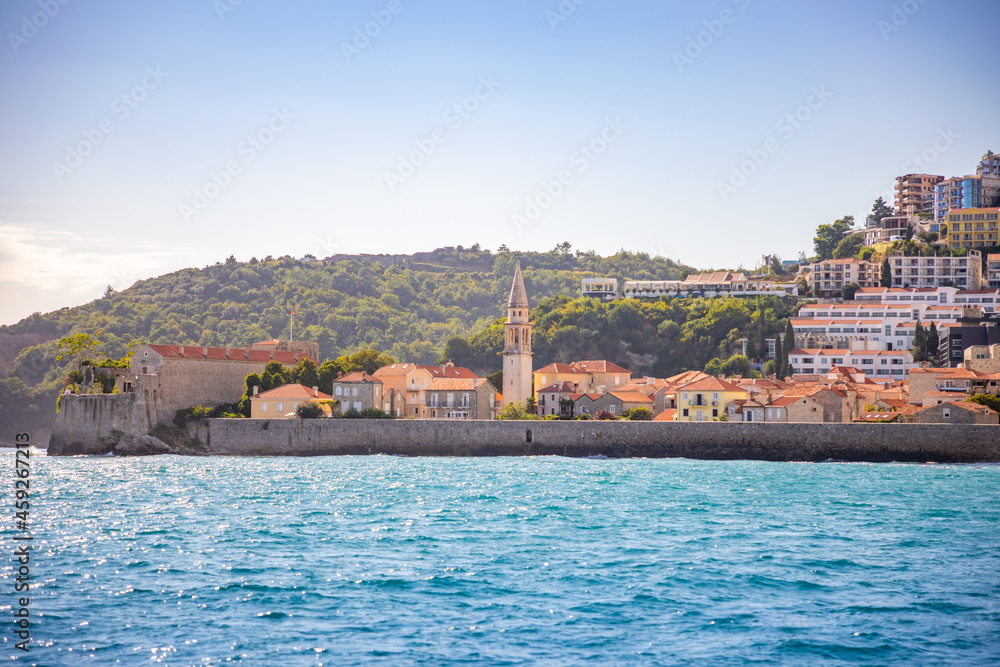 View from water of the old town of Budva city in Montenegro, view from island of St. Nicholas