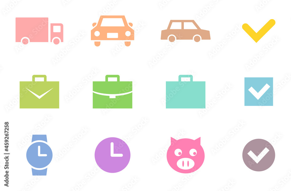 トラック,自動車,バッグ,チェックマーク,時計,腕時計,豚のシンプルなアイコンセット。パステルカラーのシルエットイラスト。 トラック,自動車,バッグ,チェックマーク,時計,腕時計,豚のシンプルなアイコンセット。パステルカラーのシルエットイラスト。