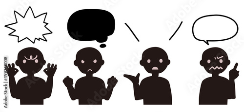 怒ったり困惑する表情のシルエットの人物 吹き出し付き ベクターイラスト 