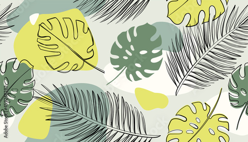 Seamless tropical pattern with abstract shapes, green palm and monstera leaves