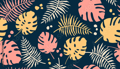 Seamless tropical pattern with colorful palm and monstera leaves