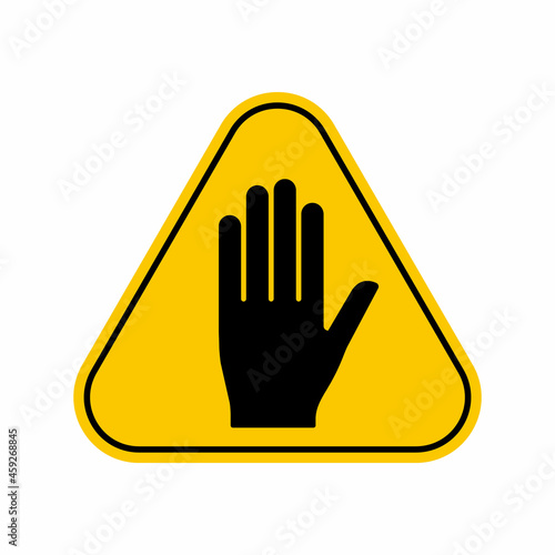 Hand stop warning sign, blocking hazard sign, Yellow Triangle Caution Symbol, isolated on white background, vector icon
