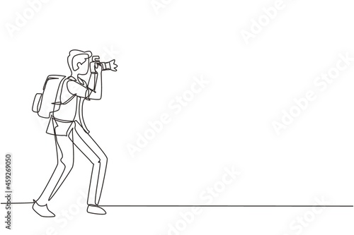 Continuous one line drawing photographer or paparazzi taking photo with modern digital cameras from all angles. Journalists or reporters with backpack making pictures. Single line draw design vector