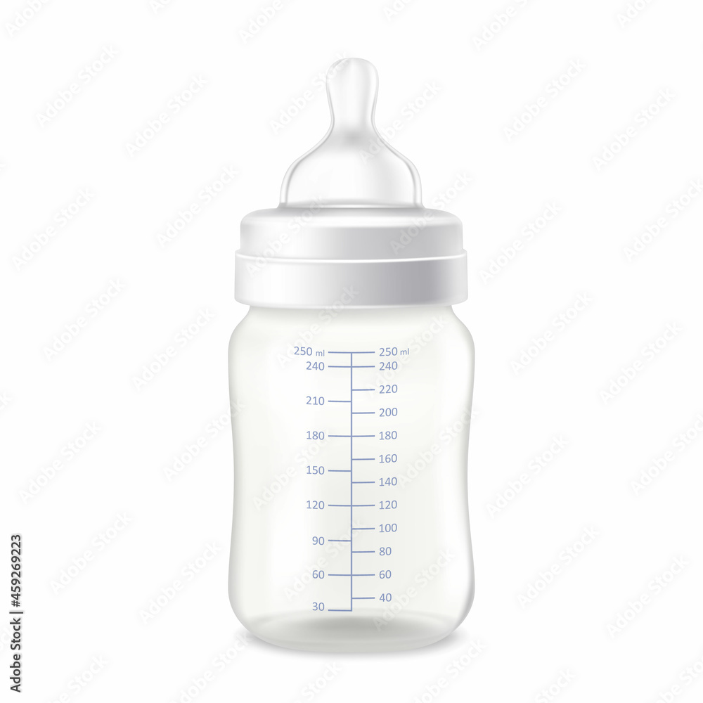 Empty plastic baby bottle isolated on white background. Plastic container with measurements, newborn baby milk bottle with silicone nipple Realistic 3d vector illustration. Empty plastic baby bottle isolated on white background. Plastic container with measurements, newborn baby milk bottle with silicone nipple Realistic 3d vector illustration.