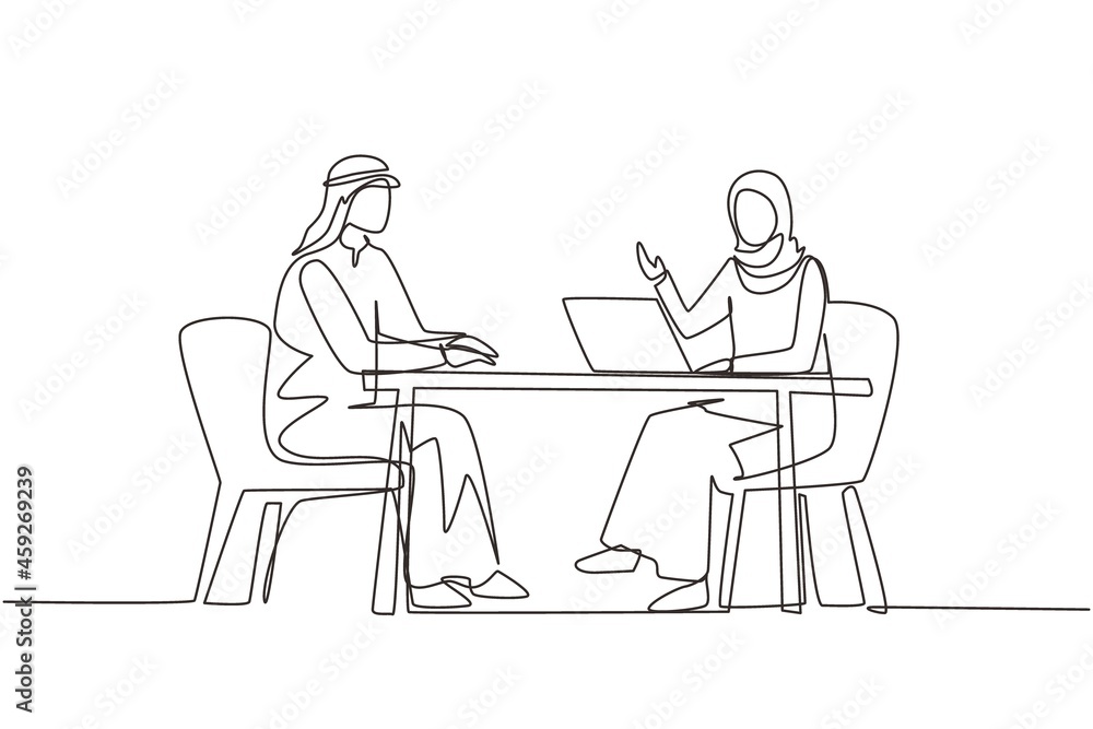 Single one line drawing Arabian woman journalist interviewing guy at desk. Microphone, discussion, speech. Social media, communication concept. Continuous line draw design graphic vector illustration Single one line drawing Arabian woman journalist interviewing guy at desk. Microphone, discussion, speech. Social media, communication concept. Continuous line draw design graphic vector illustration