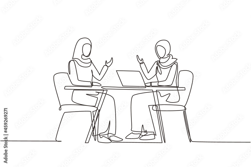 Continuous one line drawing Muslim TV show with guest. Arabian girl celebrity giving interview to television presenter, journalist asking famous women host. Single line draw design vector illustration