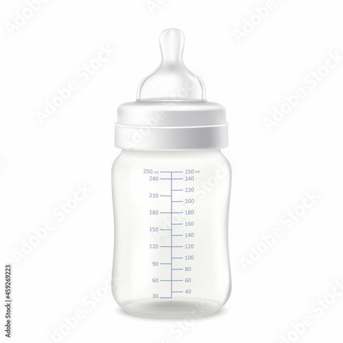 Empty plastic baby bottle isolated on white background. Plastic container with measurements, newborn baby milk bottle with silicone nipple Realistic 3d vector illustration.