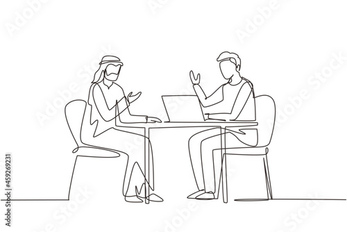 Continuous one line drawing Arab male interviewing famous person in studio for tv show. Concept of television or internet broadcast with journalist talking to celebrity. Single line draw design vector