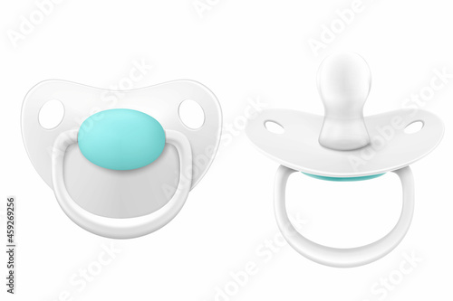 Baby dummy in different projections. Newborn kids care products and items set. Childhood accessories. Nipple, pacifier for infant. Realistic 3d Vector