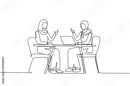 Continuous one line drawing Muslim TV show with guest. Arabian girl celebrity giving interview to television presenter  journalist asking famous women host. Single line draw design vector illustration