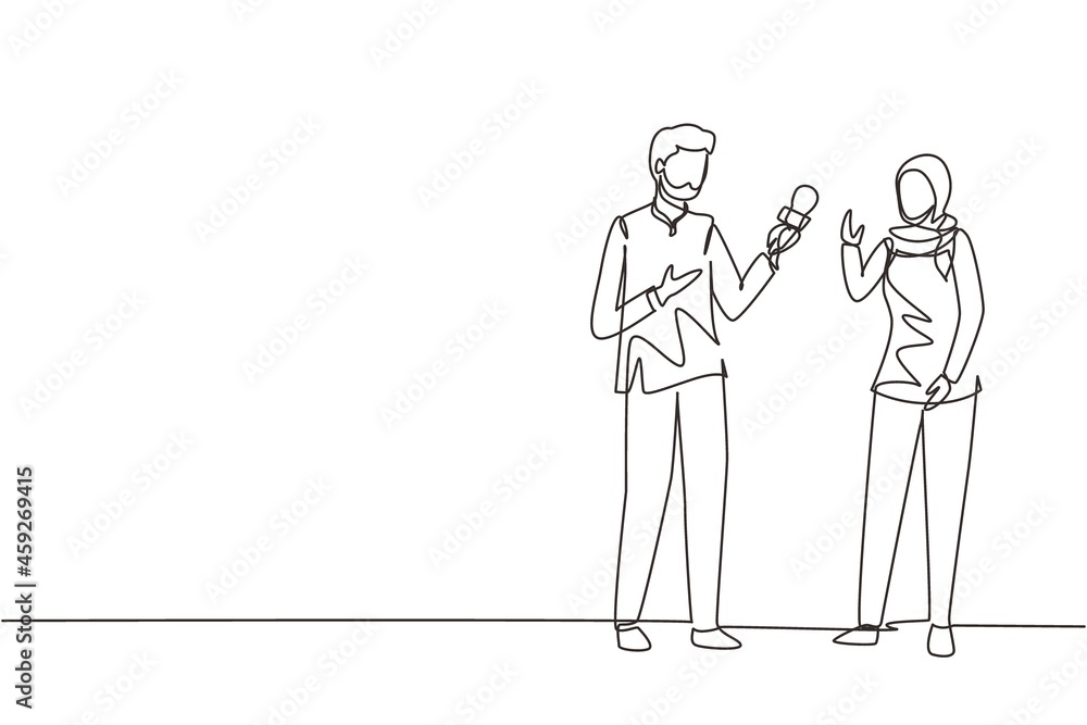 Continuous one line drawing Arabian male tv reporter interviewing questions. Man holding an interview with woman, professional journalist in conversation. Single line draw design vector illustration