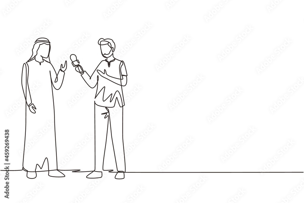 Single continuous line drawing Arab man journalist with microphone making interview with businessman. Professional journalist in conversation, asking opinion. One line draw design vector illustration