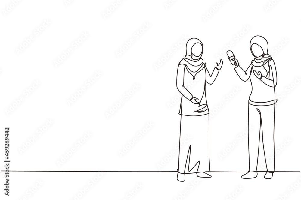 Single one line drawing Arabic business woman giving an interview in presence of journalist with dictaphone. Female tv reporter interviewing questions. Continuous line draw design vector illustration