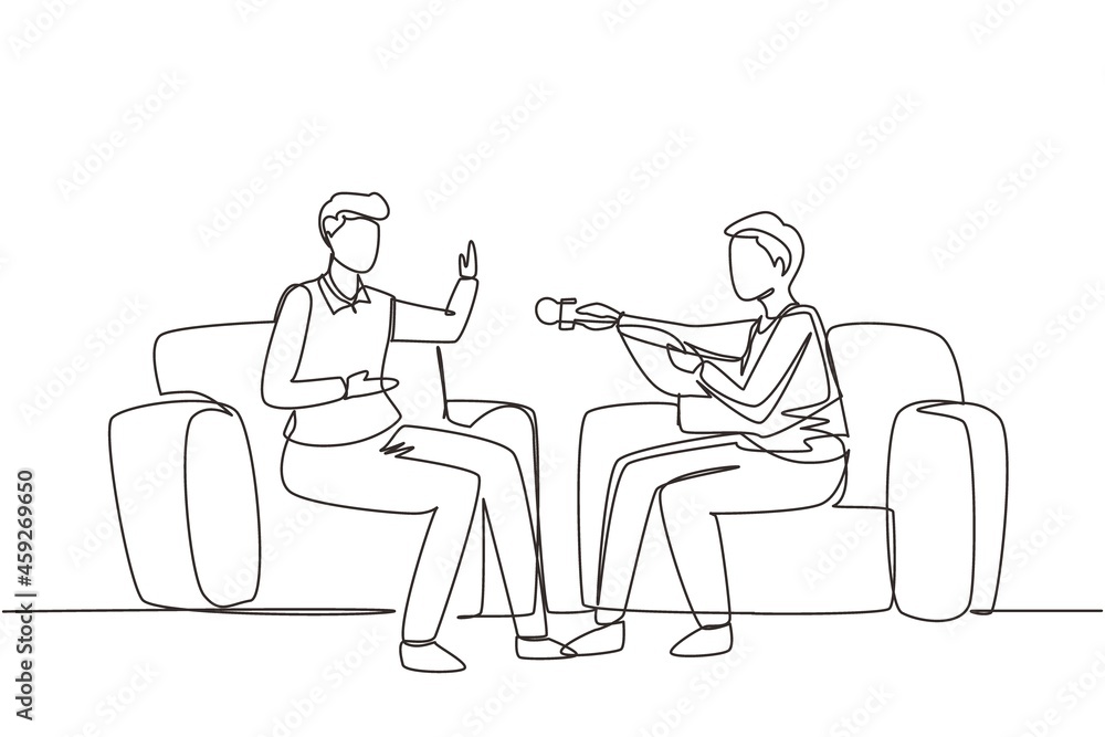 Single one line drawing Interview with famous person. Television or internet broadcast where a journalist talks to a celebrity. Journalist, interviewer. Continuous line draw design vector illustration