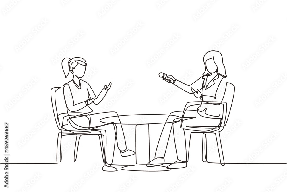 Continuous one line drawing talk show studio with interviewing, discussing hosts. People recording tv program, woman journalist questioning guest star. On air news. Single line draw design vector