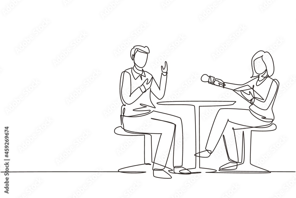 Continuous one line drawing TV presenter woman interviewing celebrity men in television studio shooting interview. Show host, guest talking. TV interview. Single line draw design vector illustration