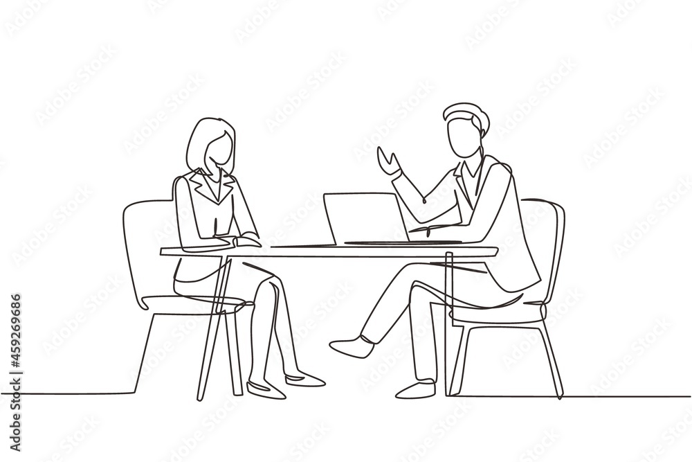 Continuous one line drawing interview. Live stream, tv show camera crew. Journalist talking to guest. Broadcaster news at tv studio, vlogging. Single line draw design vector graphic illustration