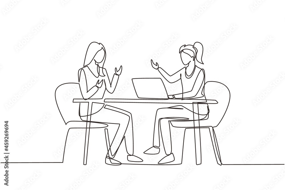 Single one line drawing TV show with guest. Female celebrity giving interview to television presenter in studio, journalist asking famous woman host. Continuous line draw design vector illustration