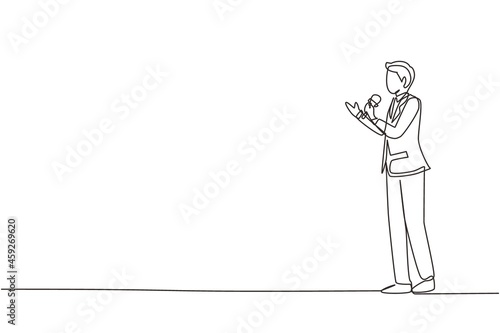 Continuous one line drawing TV news anchorman. News anchor broadcasting the news with a reporter live on screen. Journalist or reporter holding microphone. Single line draw design vector illustration