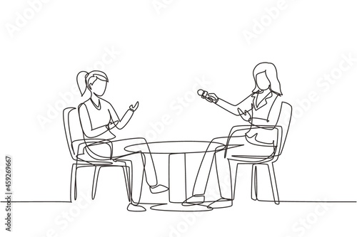 Continuous one line drawing talk show studio with interviewing, discussing hosts. People recording tv program, woman journalist questioning guest star. On air news. Single line draw design vector