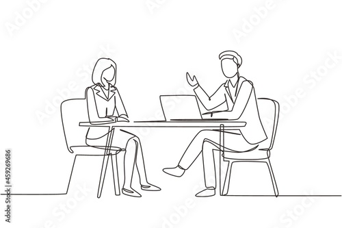 Continuous one line drawing interview. Live stream, tv show camera crew. Journalist talking to guest. Broadcaster news at tv studio, vlogging. Single line draw design vector graphic illustration
