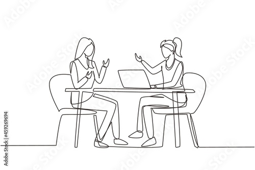 Single one line drawing TV show with guest. Female celebrity giving interview to television presenter in studio, journalist asking famous woman host. Continuous line draw design vector illustration