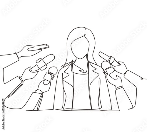 Single continuous line drawing woman giving an interview. Hands of journalists holds microphones. Concept of news, elections, interviews, comments, politics. One line draw design vector illustration