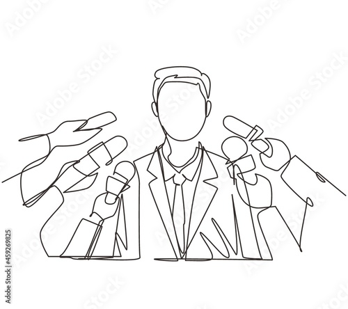 Single one line drawing interview. Man with microphones. Popular person, presenter, celebrity, political gives comment for breaking news, reportage, tv. Continuous line draw design vector illustration
