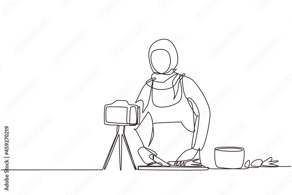 Continuous one line drawing food blogger. Chef cooking, recording video using camera. Online channel, streaming. Arab woman teaches cooking new recipe. Culinary show. Single line draw design vector