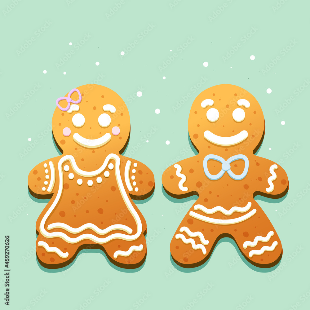 Two cute brown gingerbread (cookies) painted on
dirty mint background Two cute brown gingerbread (cookies) painted on
dirty mint background