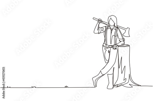 Single continuous line drawing woman lumberjack lean on wood log. Wearing shirt, jeans and boots. Holding on her shoulder a ax. Female lumberjack pose on logging forest. One line draw design vector