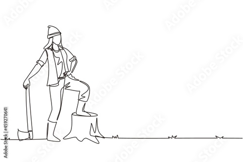 Single one line drawing woman lumberjack wearing plaid shirt  jeans  boots and beanie hat. Standing with ax and posing with one foot on a tree stump. Continuous line draw design vector illustration