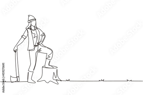 Single one line drawing woman lumberjack wearing plaid shirt, jeans, boots and beanie hat. Standing with ax and posing with one foot on a tree stump. Continuous line draw design vector illustration
