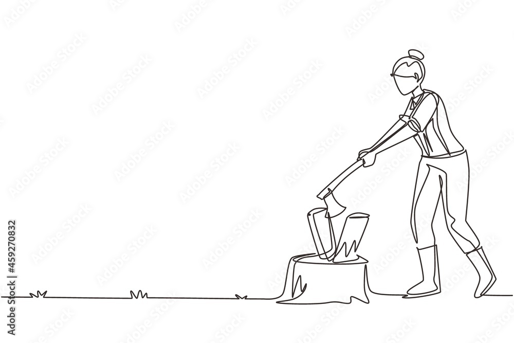 Single one line drawing woodwoman or lumberwoman in checkered shirt, sling pants chopping wood with ax on tree stump. Woman with ax in her hands cuts tree. Continuous line draw design graphic vector