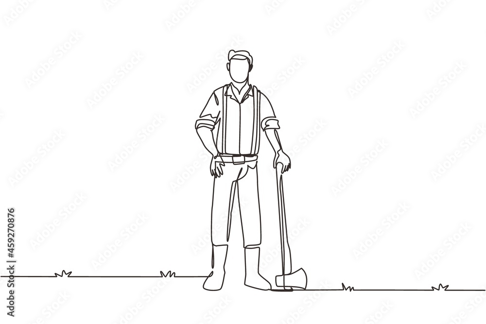 Single one line drawing lumberjack with axe standing wearing suspender shirt, jeans and boots. Lumberjack pose on the logging forest. Modern continuous line draw design graphic vector illustration Single one line drawing lumberjack with axe standing wearing suspender shirt, jeans and boots. Lumberjack pose on the logging forest. Modern continuous line draw design graphic vector illustration