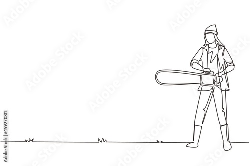 Continuous one line drawing woman worker using chainsaw. Wearing suspender shirt, jeans, beanie hat and boots. Professional lumberjack pose cutting tree by chainsaw. Single line draw design vector