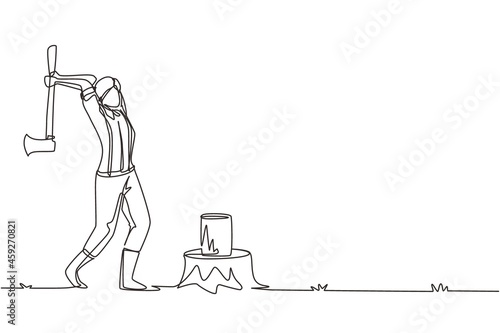 Single continuous line drawing woman woodcutter or lumberjack chopping wood with axe. Wearing shirt, jeans and boots. Female with ax in her hands cuts tree. One line draw design vector illustration