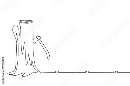 Single continuous line drawing hatchet in beside tree stump. A tree stump with an axe stuck. Forest, camping concept. Axe in stuck at stump. Dynamic one line draw graphic design vector illustration