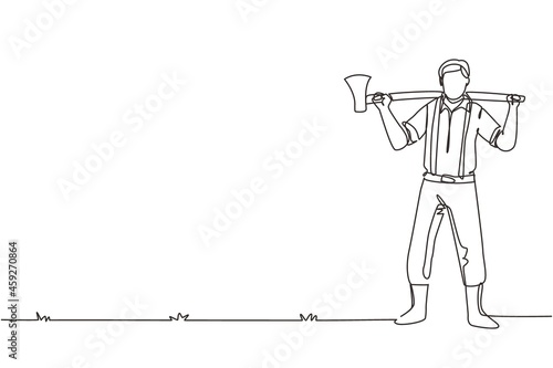 Single one line drawing smiling lumberjack in plaid shirt, jeans with belt, leather boots holding on his shoulder a ax with long wooden handle. Continuous line draw design graphic vector illustration