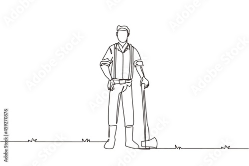 Single one line drawing lumberjack with axe standing wearing suspender shirt, jeans and boots. Lumberjack pose on the logging forest. Modern continuous line draw design graphic vector illustration