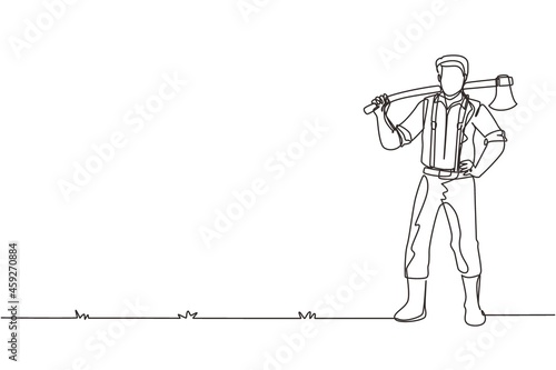 Single one line drawing lumberjack pose on the logging forest. Lumberjack with axe and downed log, standing wearing shirt, jeans and boots. Continuous line draw design graphic vector illustration