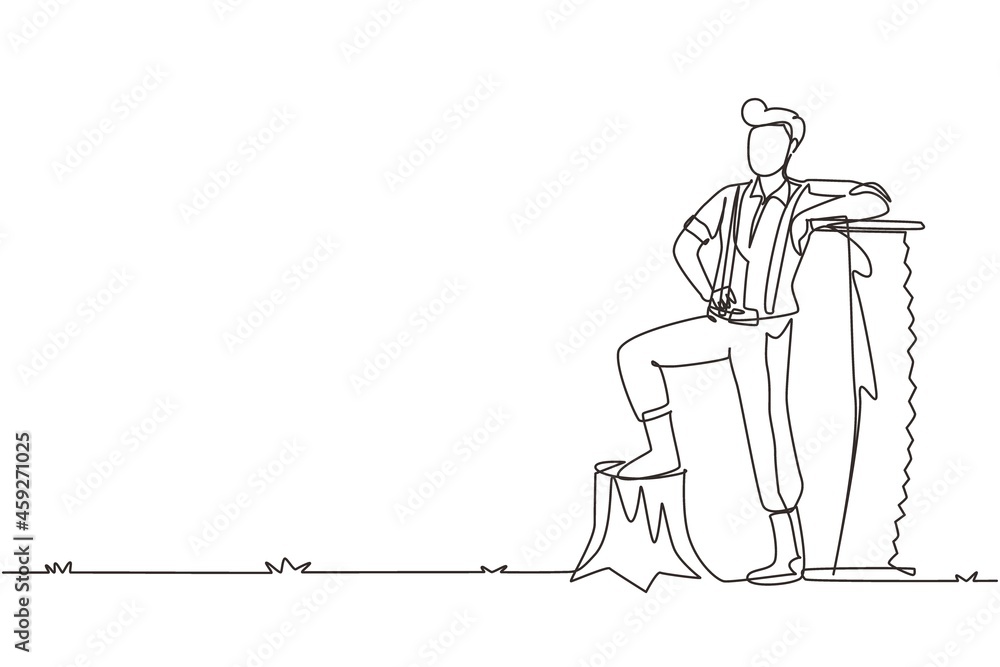 Single continuous line drawing smiling lumberjack man wearing suspender shirt, standing with steel two man saw, posing with one foot on a tree stump. One line draw graphic design vector illustration