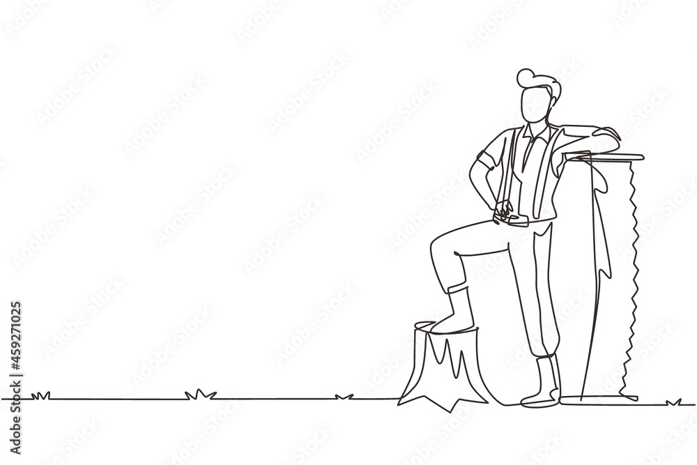 Single continuous line drawing smiling lumberjack man wearing suspender ...