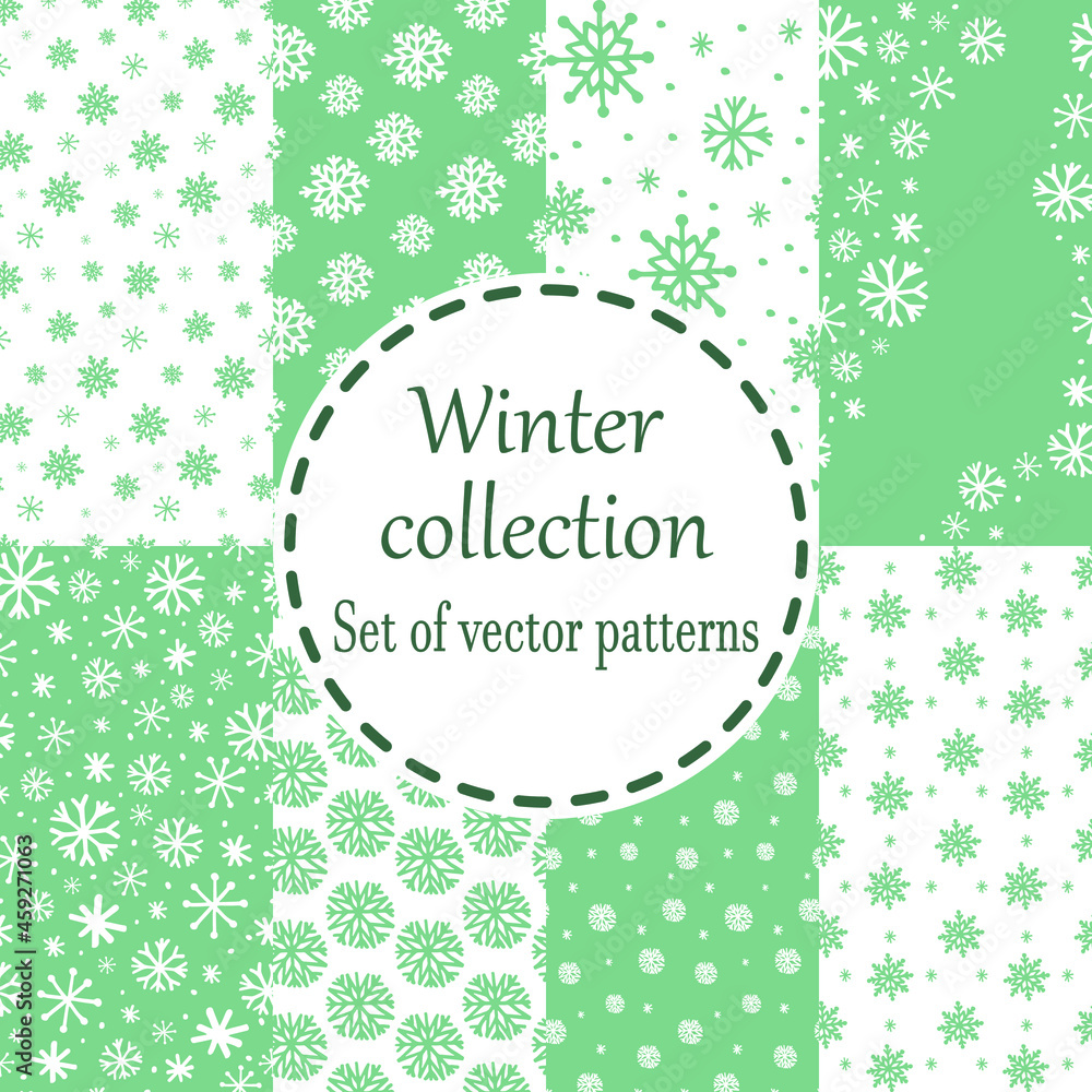 Collection of xmas seamless patterns. Cute set of backgrounds with snowflakes. Snowfall backdrop. Winter and Christmas hand drawn decorative elements for scrapbooking, wrapping paper or fabric. Collection of xmas seamless patterns. Cute set of backgrounds with snowflakes. Snowfall backdrop. Winter and Christmas hand drawn decorative elements for scrapbooking, wrapping paper or fabric.