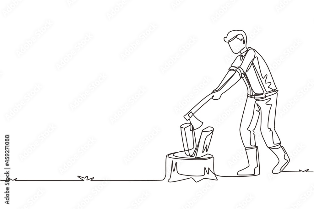 Continuous one line drawing woodman or lumberman in checkered shirt and sling pants chopping wood with ax on tree stump. Man with ax in his hands cuts tree. Single line draw design vector illustration Continuous one line drawing woodman or lumberman in checkered shirt and sling pants chopping wood with ax on tree stump. Man with ax in his hands cuts tree. Single line draw design vector illustration