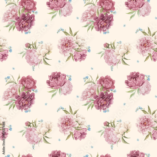 Beautiful vector seamless floral pattern with hand drawn watercolor gentle pink peony flowers. Stock illuistration.